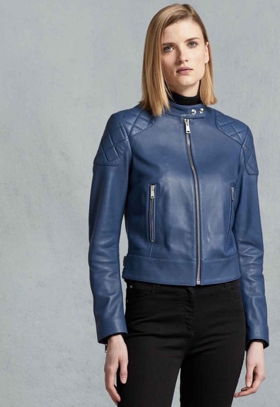 Belstaff Women Lamb Leather Moto Biker Jacket Ocean Blue US 2 Quilted